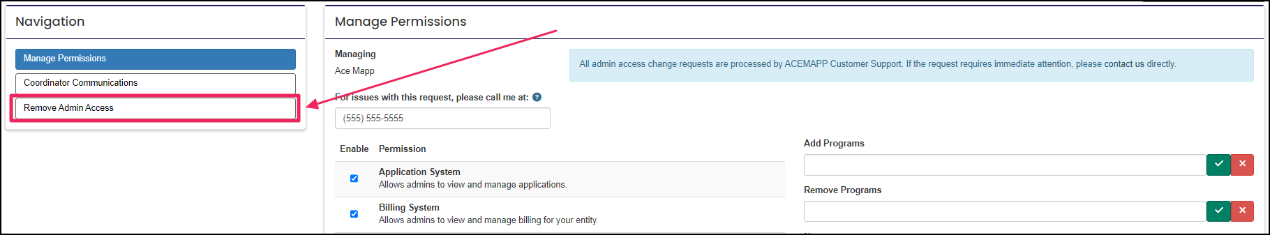 Manage permissions form highlighting the remove admin access button.