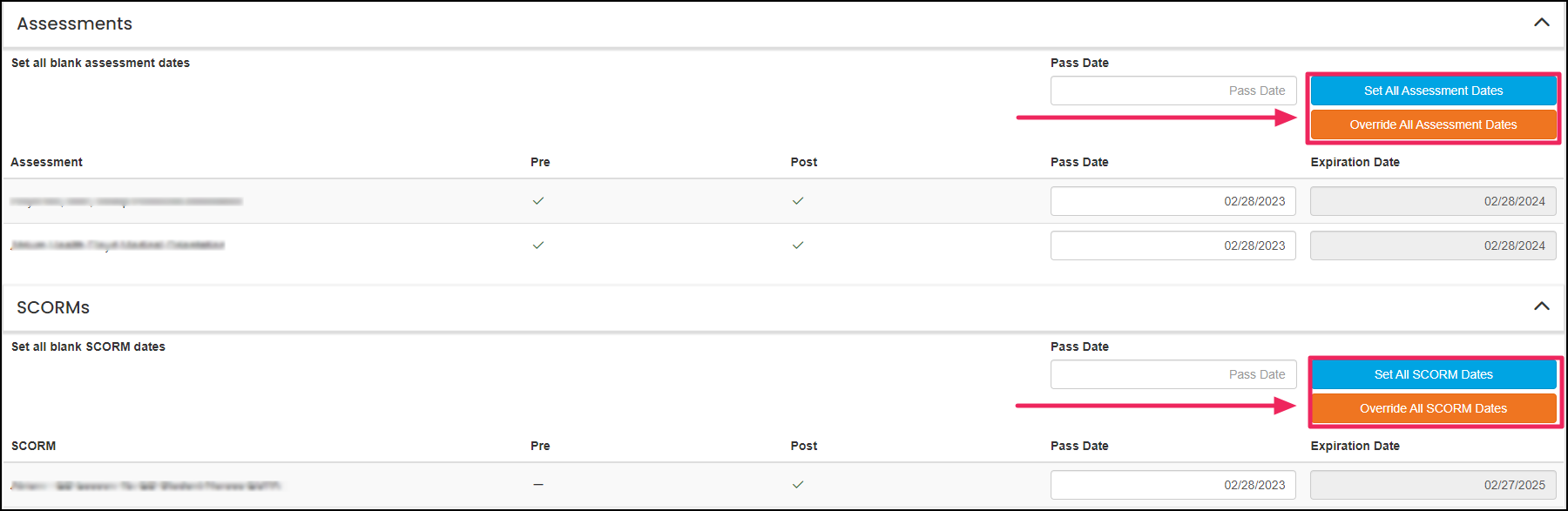Employee assessment and SCORM's page highlighting set all and override all buttons.