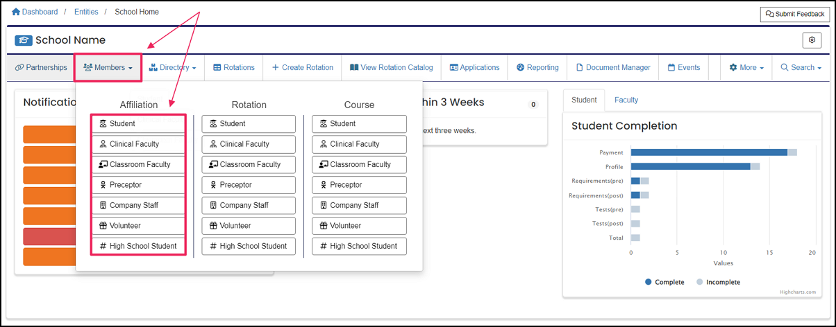 User nav-bar highlighting Members dropdown and member type in the Affiliation column.