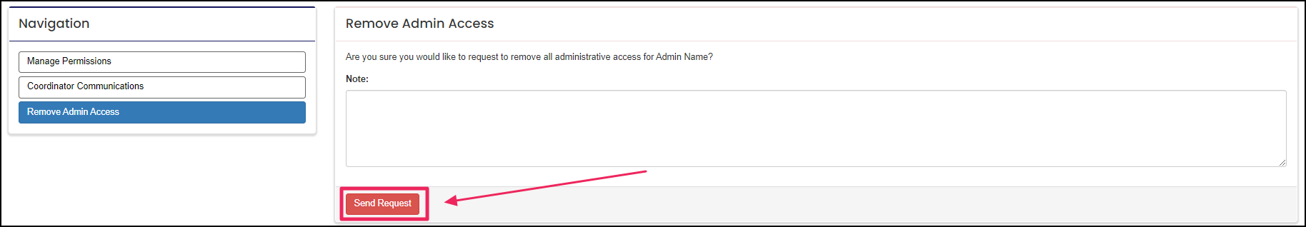 Remove admin form with the send request button highlighted.