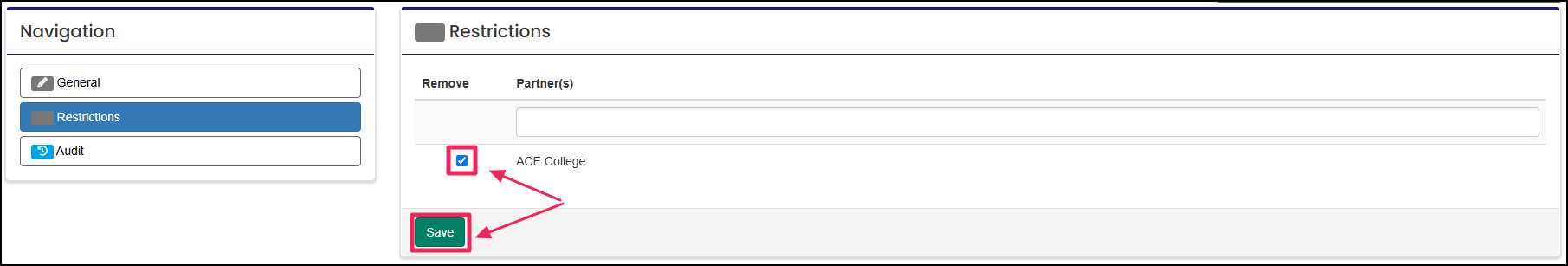 Entity restrictions area highlighting the select box and save button.