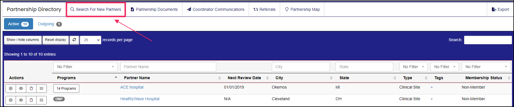 The Partnership Directory highlighting Search for New Partners button.