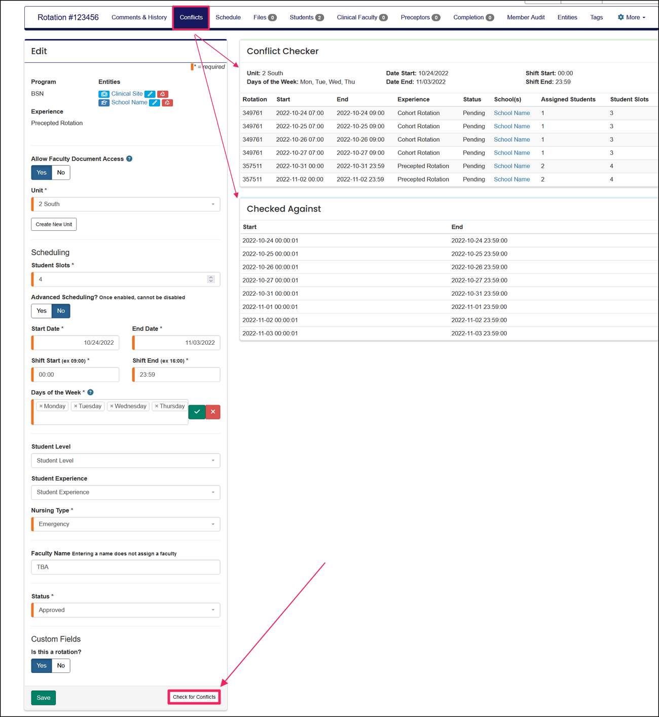 Rotation edit page highlighting Conflict button and Check for Conflicts button.