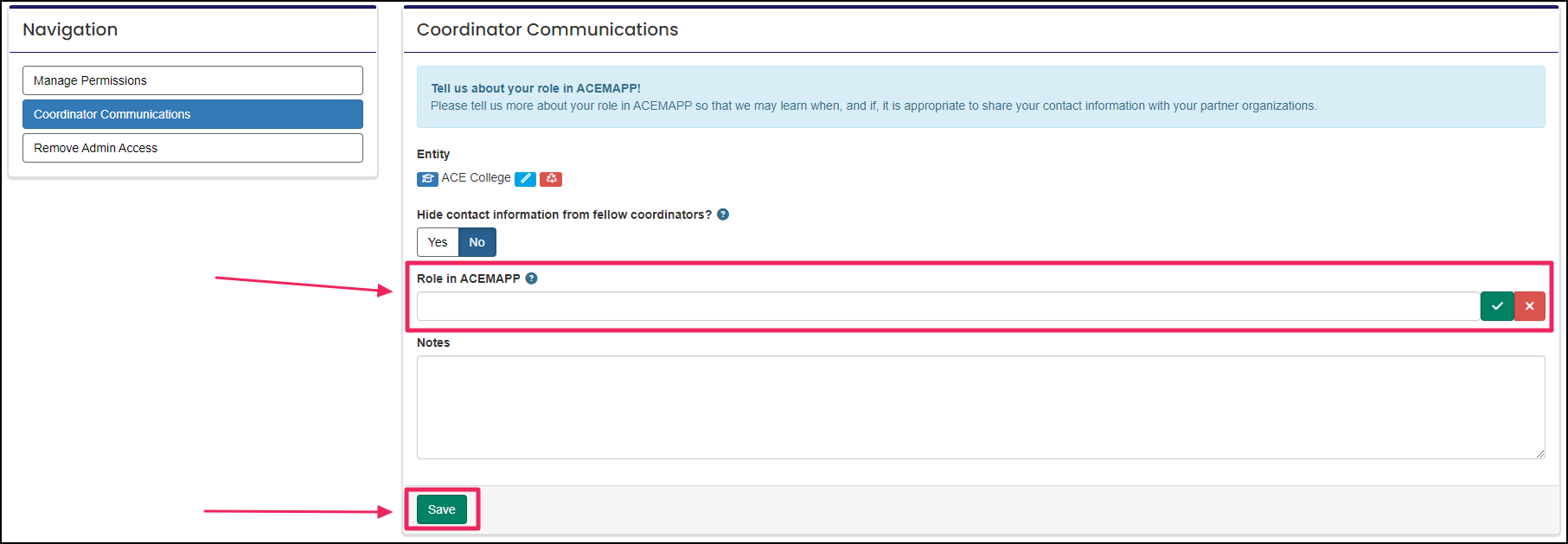 Coordinator communications area highlighting role field and save button.