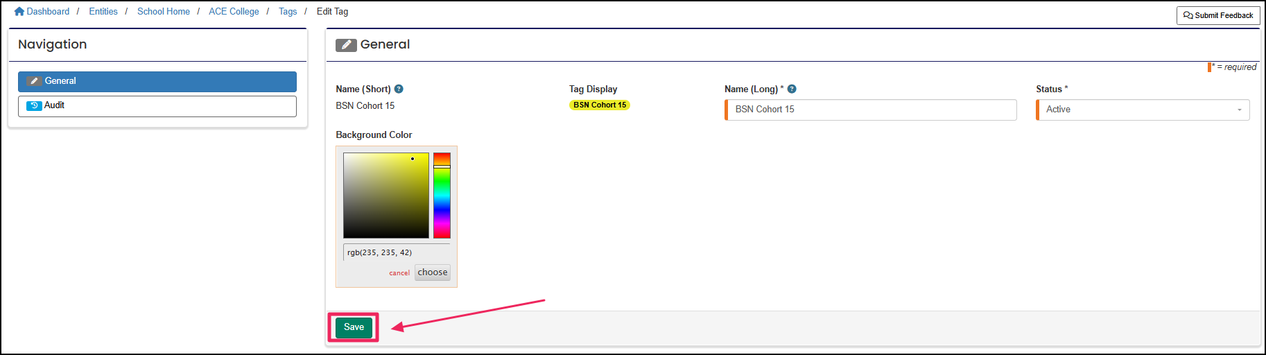 General tab of edit tag page displaying the background color selector and save button.