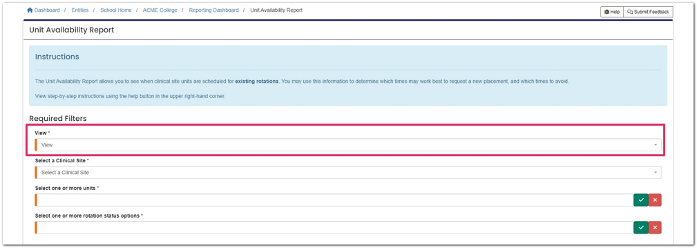 Unit Availability report option panel highlighting View selection.