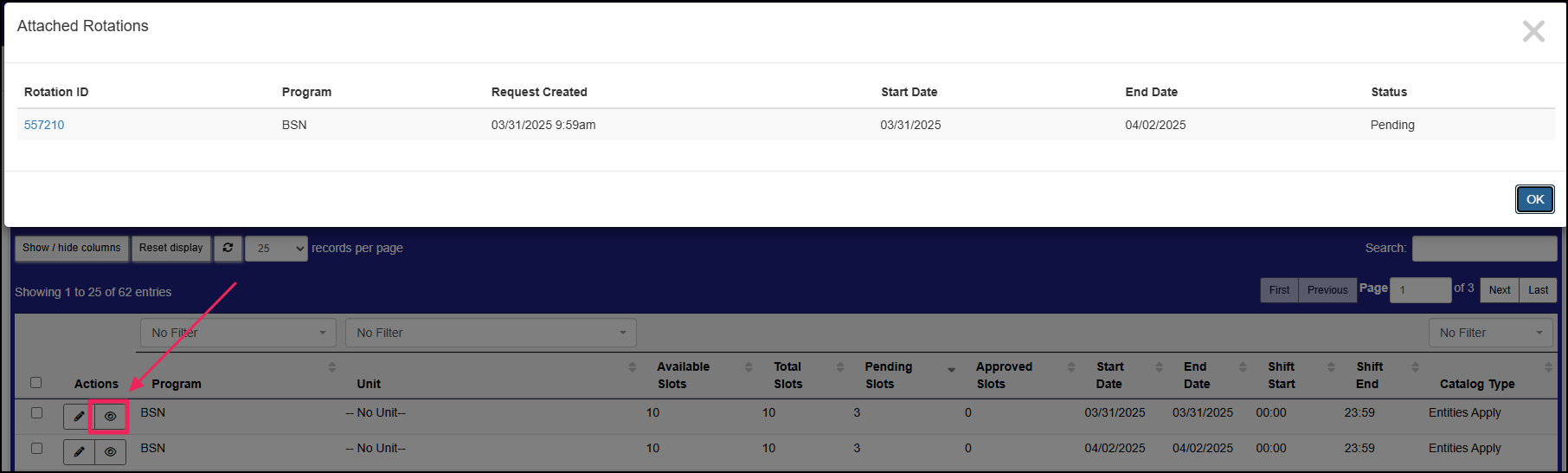 Manage rotation catalog table highlighting the view button.