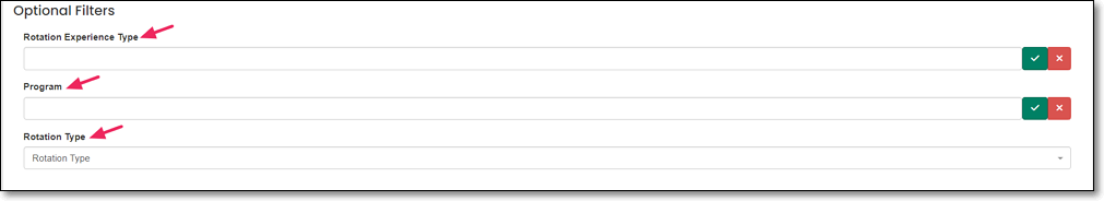 Report filters highlighting Rotation Experience Type, Program, and Rotation Type fields.