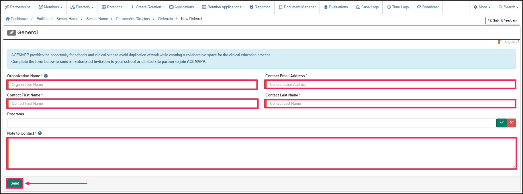 Example of referral form and save button.