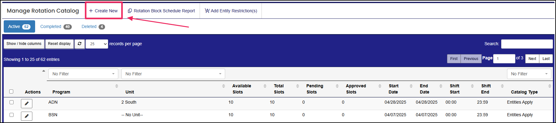 Manage rotation catalog table highlighting the "Create New" button.