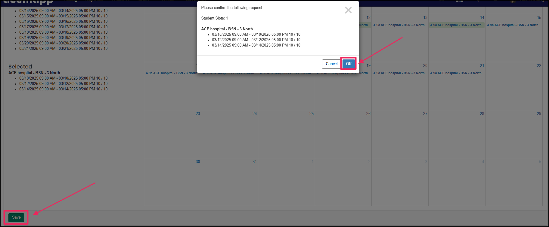 Rotation catalog calendar view highlighting the save button and shift selection confirmation pop-up.