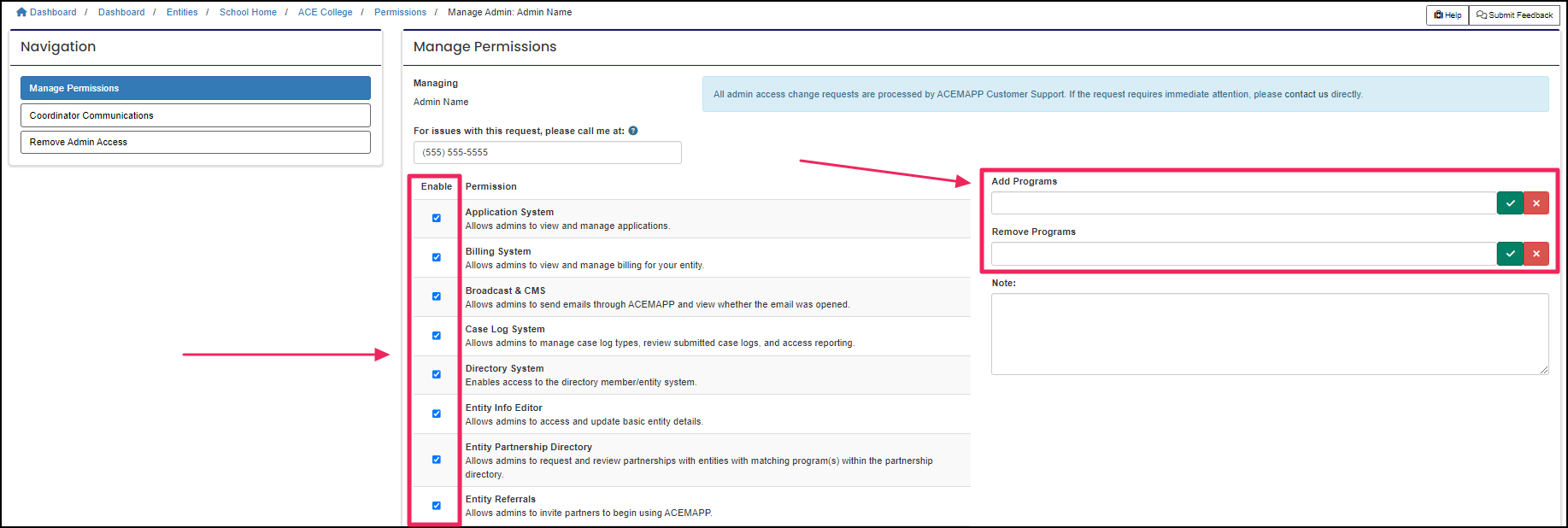 Manage permissions page highlighting the programs and permissions areas.
