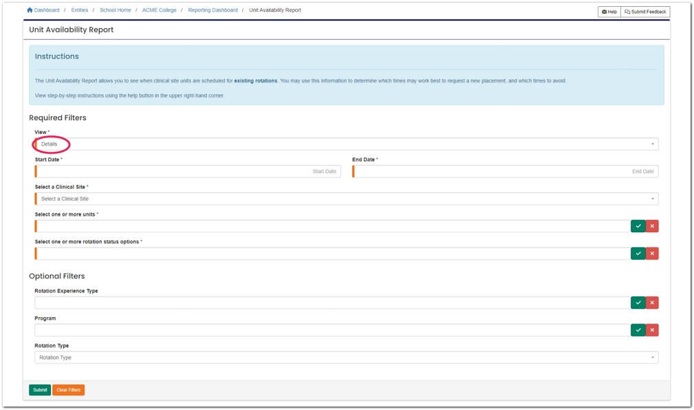 Unit Availability view options showing Detail as selected and pointing to additional fields.
