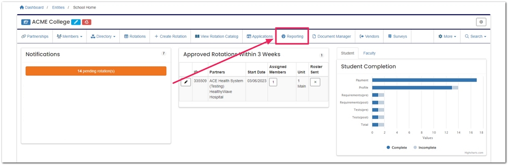 Entity navbar highlighting Reporting button.