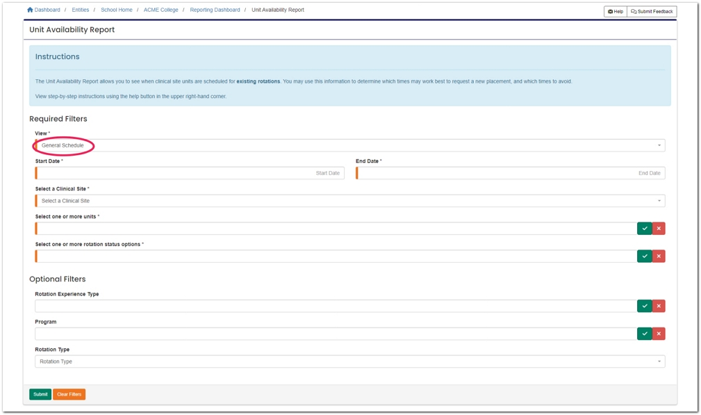 Report highlighting required field View type.