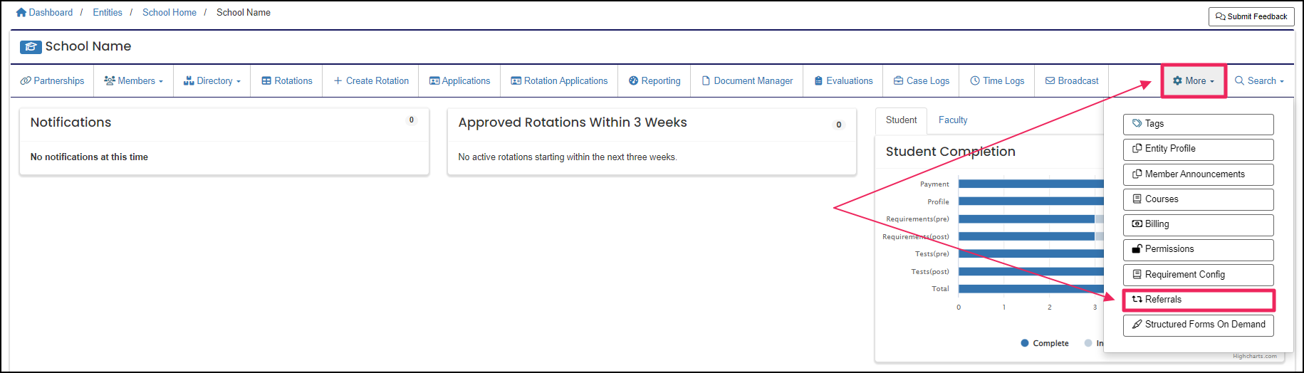 User home screen highlighting More button and referral button in drop-down.