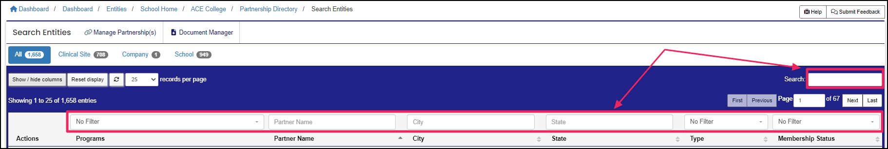 Search Partner Directory page highlighting column filters and search field.