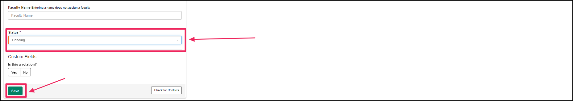 Rotation edit page showing the status field and save button.