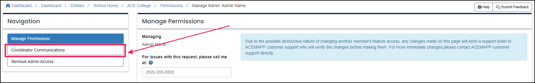 Manage admin page highlighting coordinator communications button.
