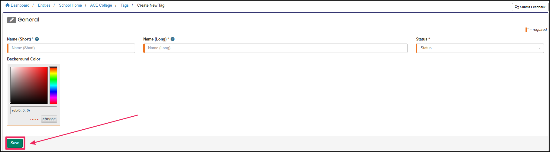 General tab of create new tag page, highlighting the save button.