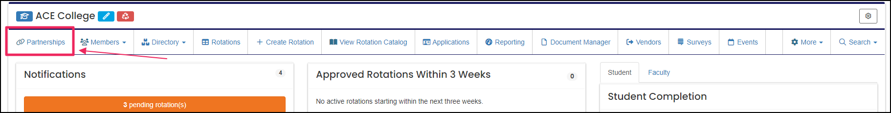 User home page highlighting Partnerships button.