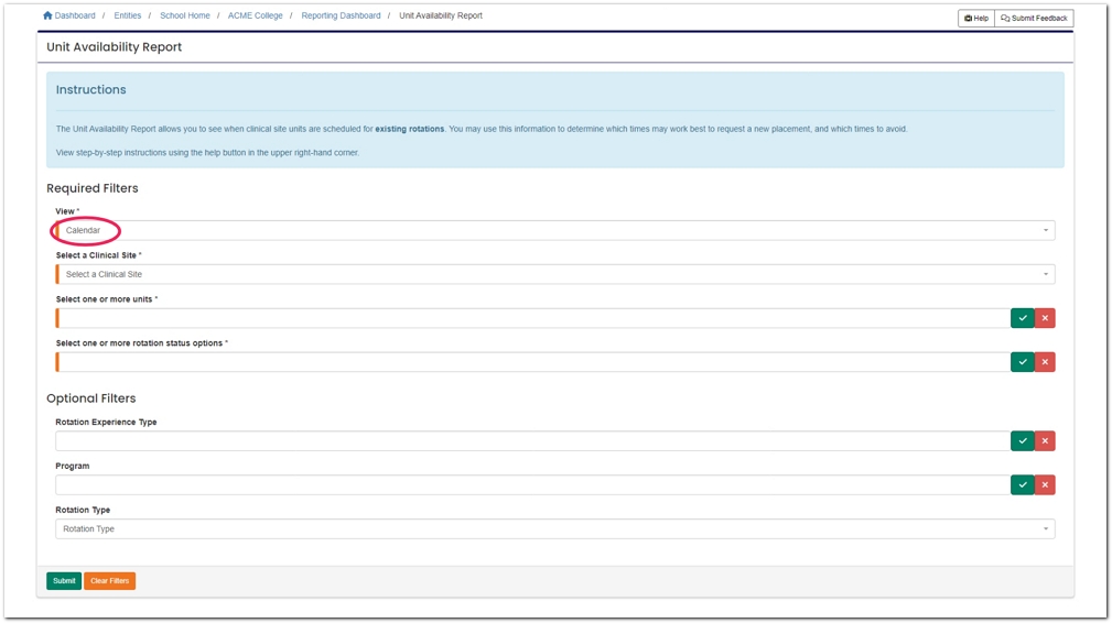 Unit Availability view options showing Calendar as selected and pointing to additional fields.